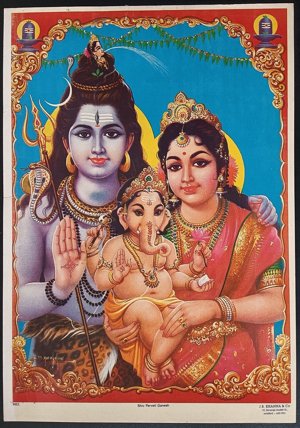 India vintage poster SHIVA PARVATI GANESH by J.B.Khsnna & Co 9.5"x13.5" inches
