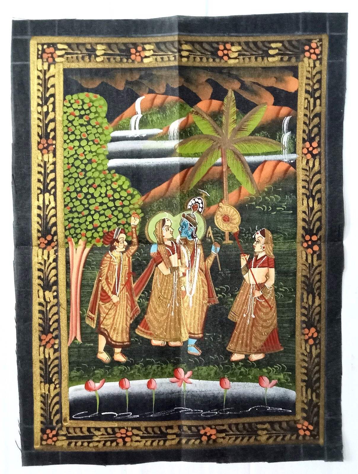 India Radha & Krishna hand painted on black cloth 22 x32 cm