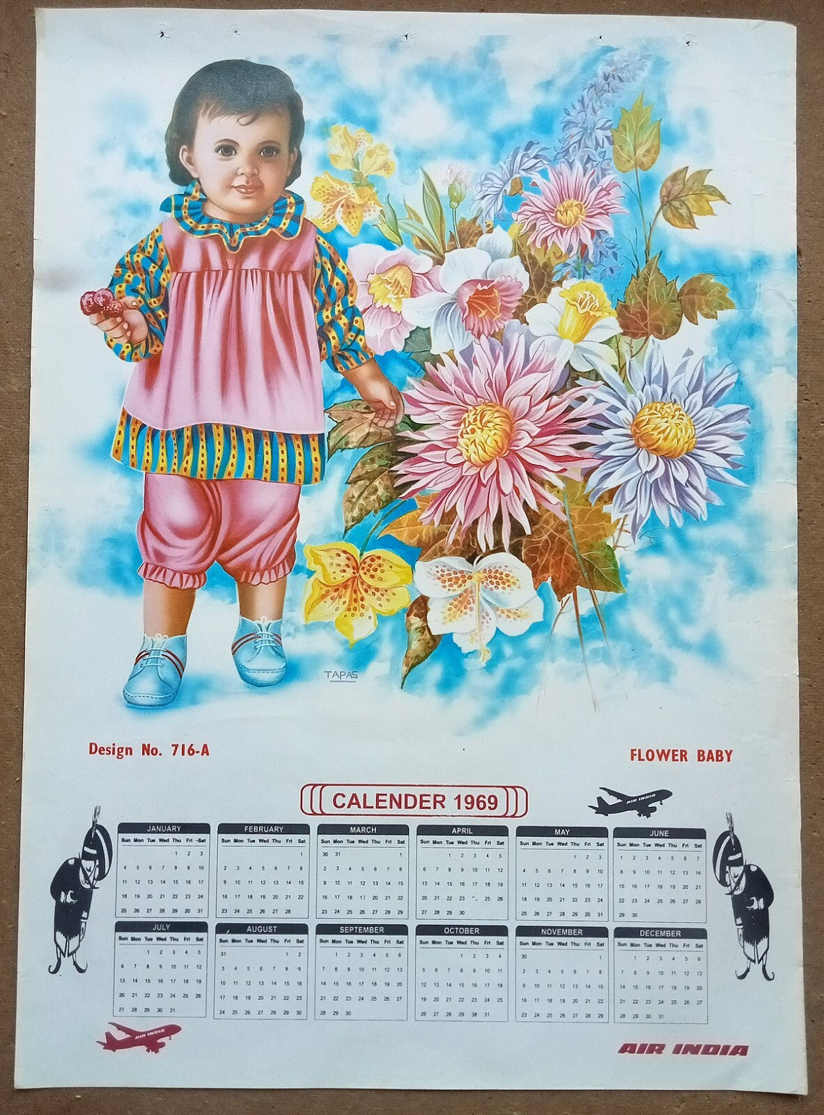 AIR INDIA 1969 poster calender 716 - FLOWER BABY - ARTIST : TAPAS - R