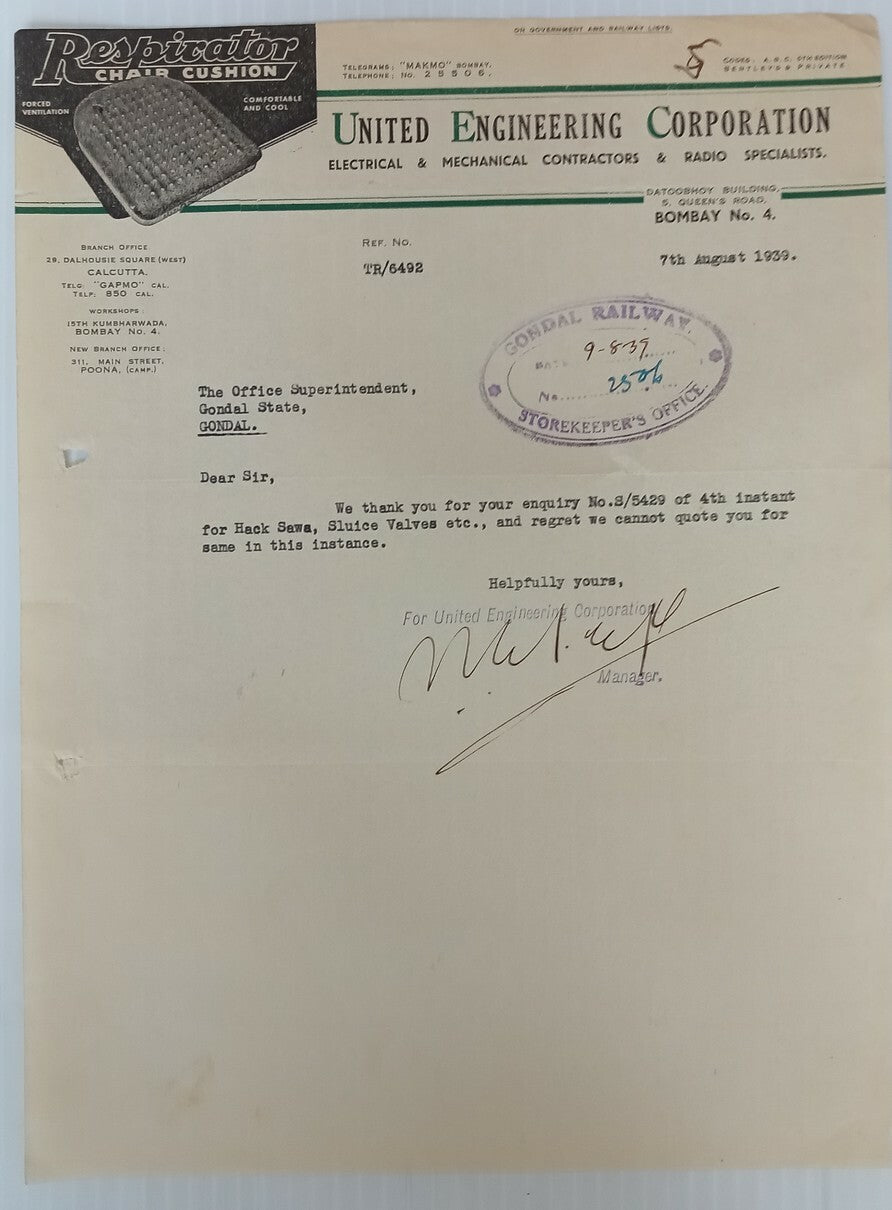 AOP Respirator Chair Cushion Bombay 1939 illustrated letterhead India