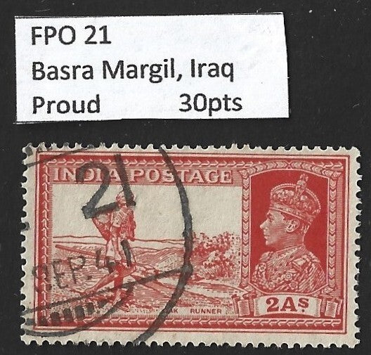 India KGVI 1937 2a Dak Runner canc. FPO 21 BASRA MARGIL, Iraq