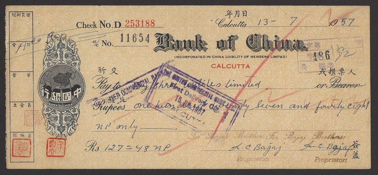 Bank of China checks cheques India Burma 1944-58 x 4 different zaz