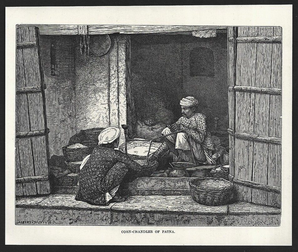 India CORN-CHANDLER OF PATNA engraved print ex libris Rousslet 1876 7"x6"