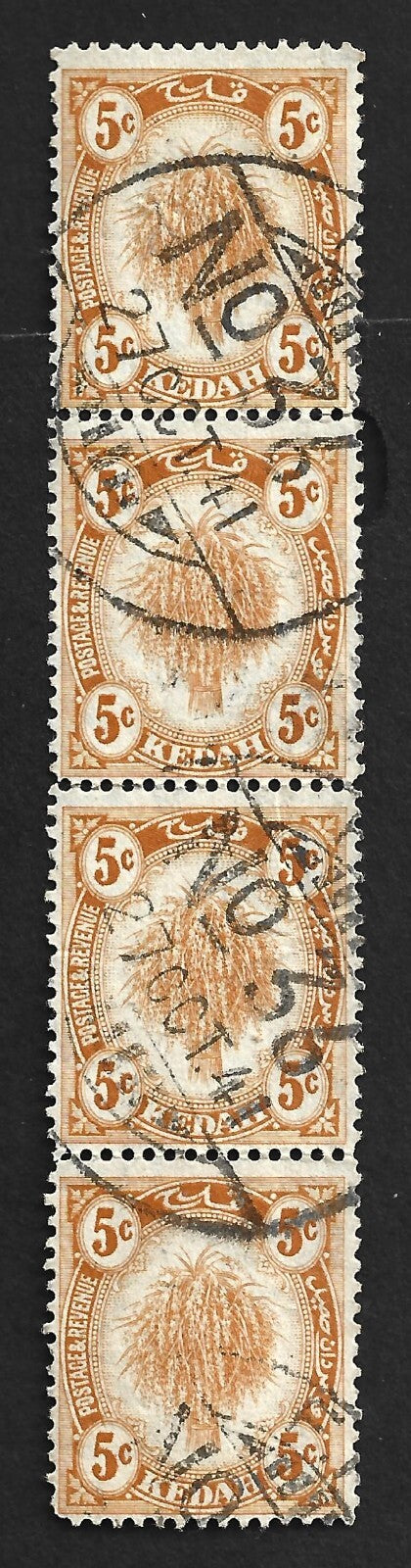 AOP Malaya KEDAH 5c orange strip of 4 canc India Army Oct 1941 FPO No. 36 PERAK