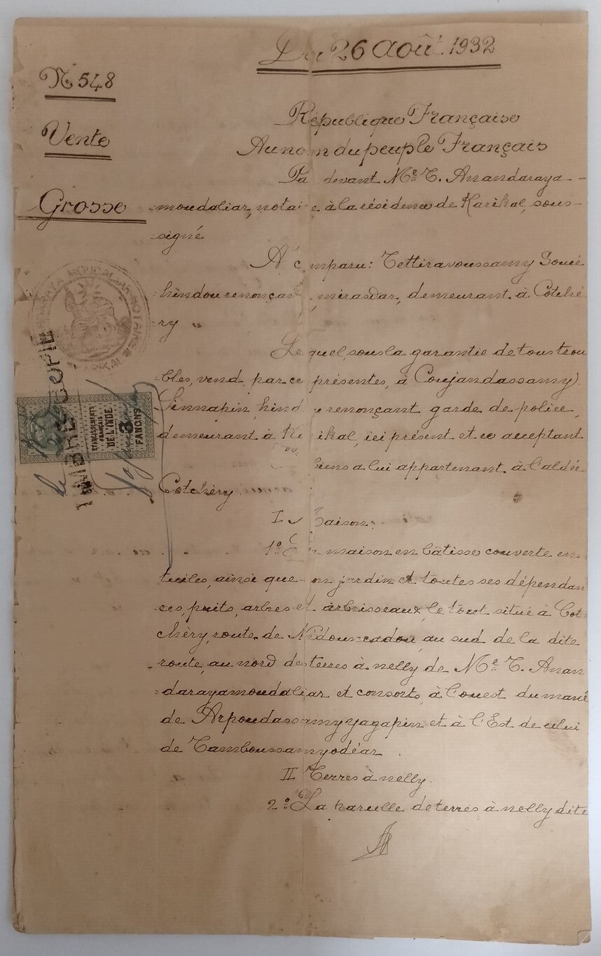 AOP French India 1909 3fa revenue stamp on 1932 8 page KARIKAL document