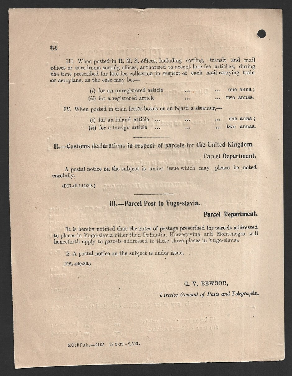 India 1939 POSTAL NOTICE Late Fee on postal articles of the letter mail