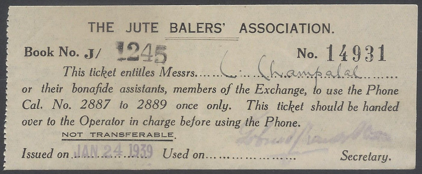AOP India 1939 JUTE BALERS' ASSOCIATION phone ticket