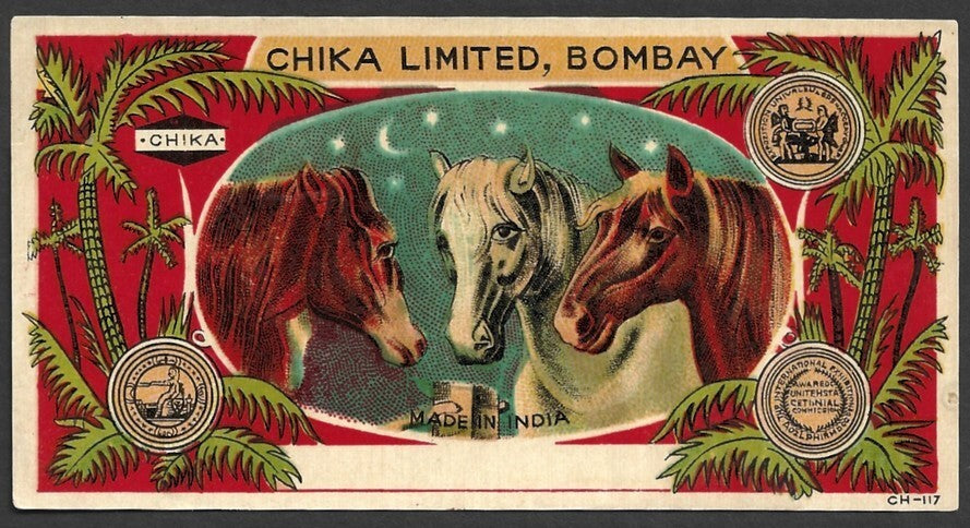 India 1930s textile dye litho label Chika, Bombay - HORSE HEADS