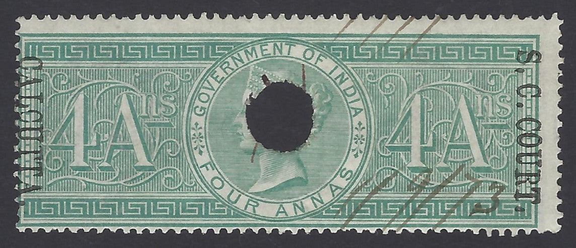India SMALL CAUSE COURT CALCUTTA QV 1868- QV 4a on Sp Adh used. Barefoot #51