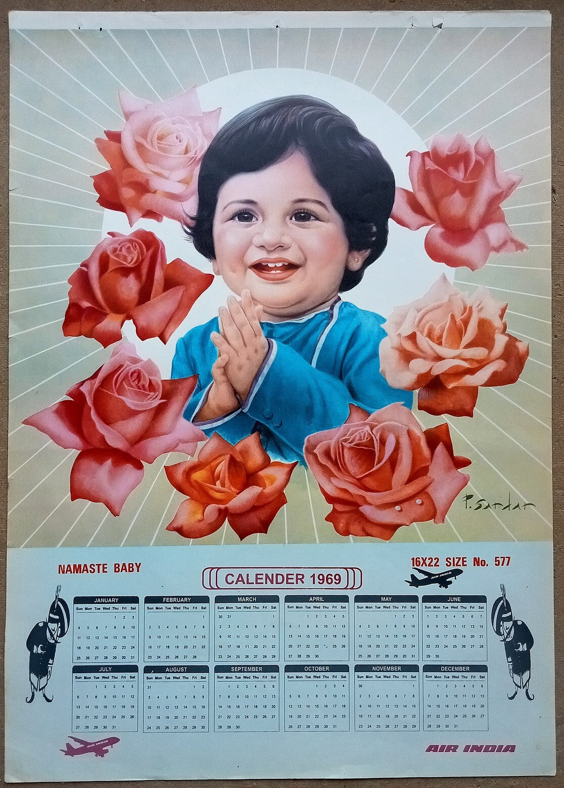 AIR INDIA 1969 poster calender 577 - NAMASTE BABY - ARTIST : P. SARDAR - R