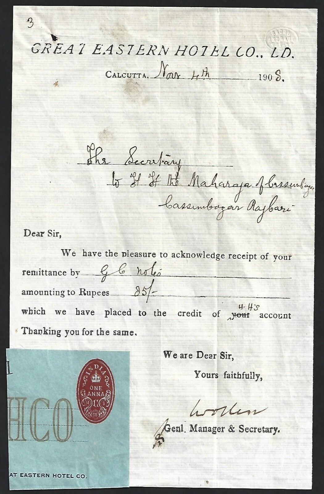 India check cutouts of revenue impressions used on Great Eastern Hotel receipt