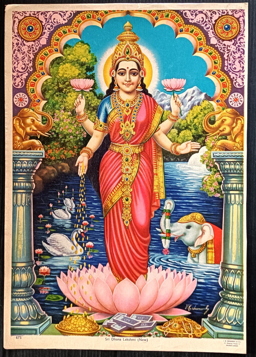 India vintage poster Sri Dhana Lakshmi by J.B. Khanna 9.5"x13.5" inches