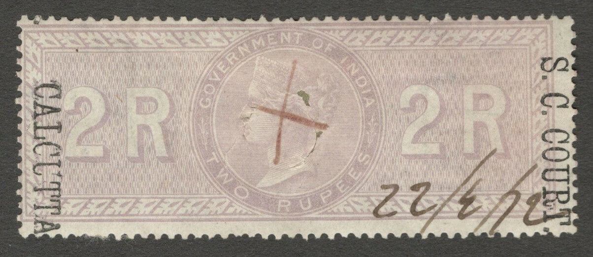 AOP India 1868-69 S C COURT CALCUTTA ovpt on SPECIAL ADHESIVE 2R used. Bft 54