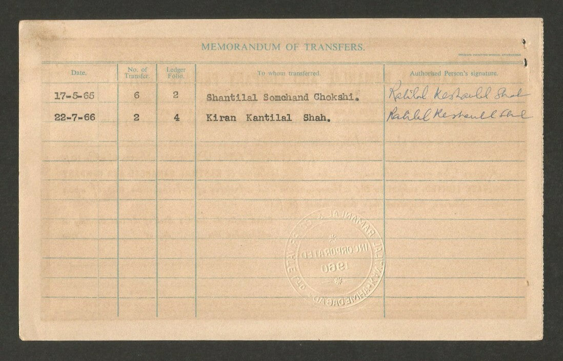 India 1960 Kantilal Ramalal & company share certificate