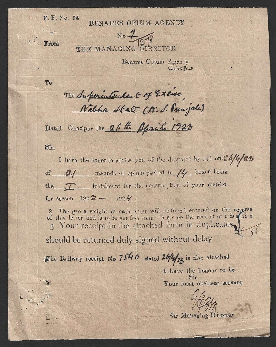 India BENARES OPIUM AGENCY 1923 shipping bill