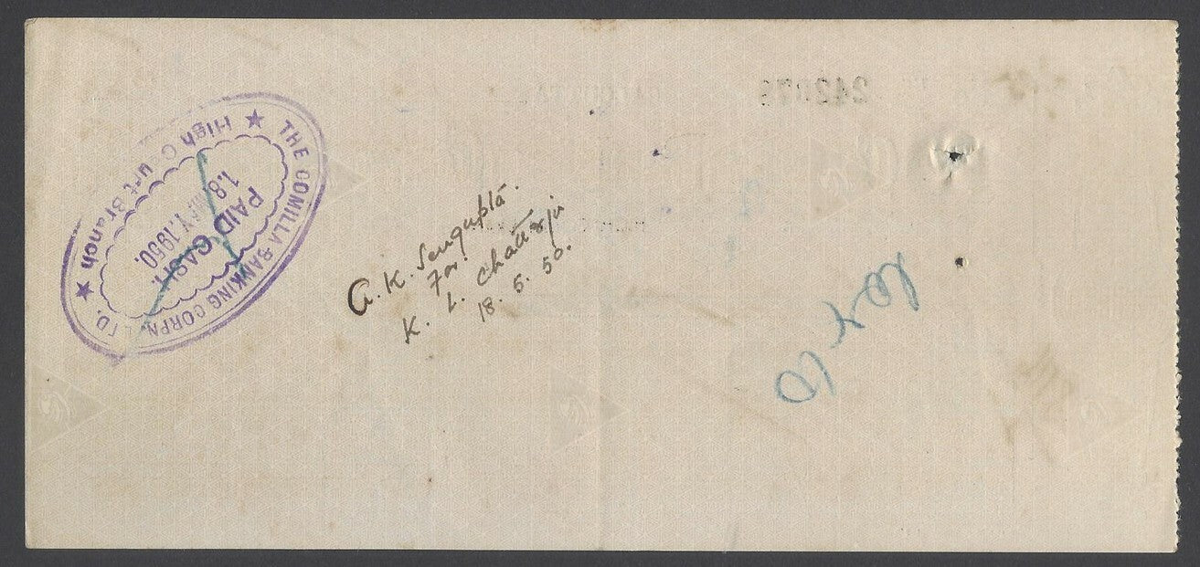 AOPIMT India 1950 check cheque The Comilla Banking Corporation, Ltd.