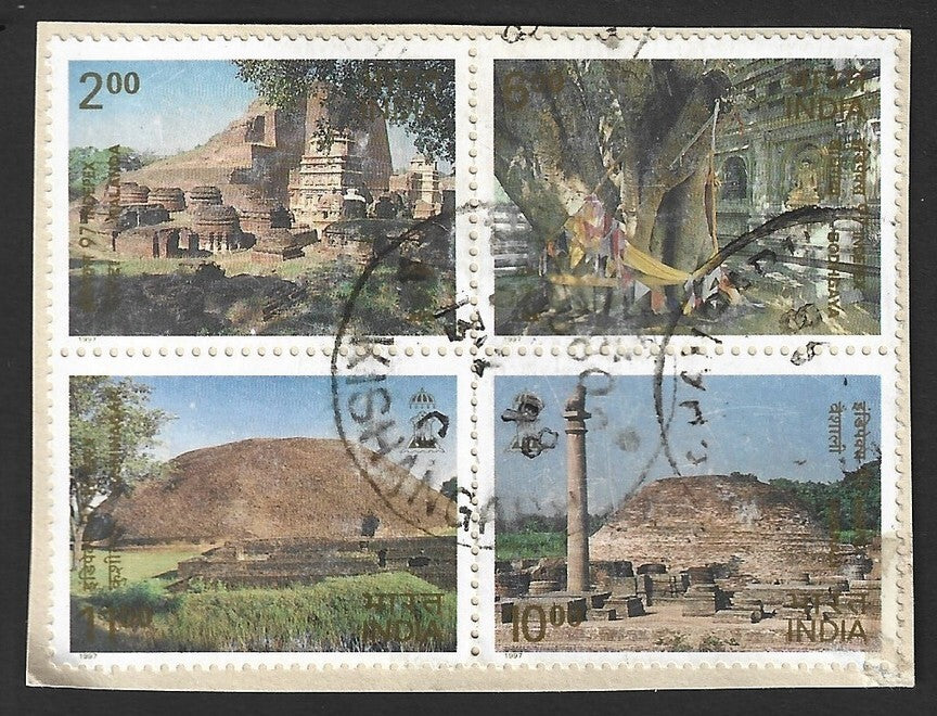India 1997 Buddhist Sites se-tenant block of 4 postally used on piece