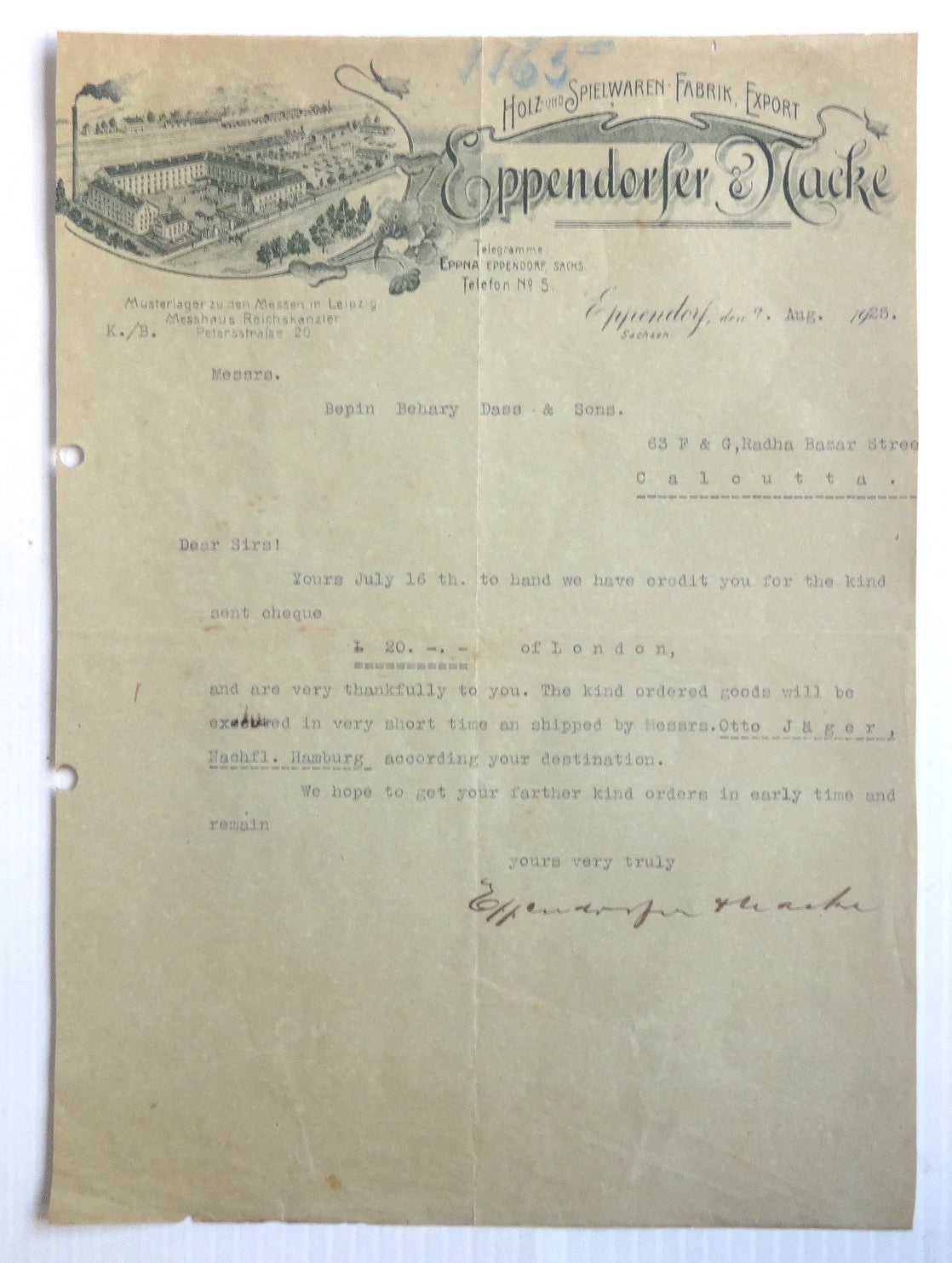 Germany Eppendorfer & Tacke Wooden Toys Factory 1925 illus letterhead to India