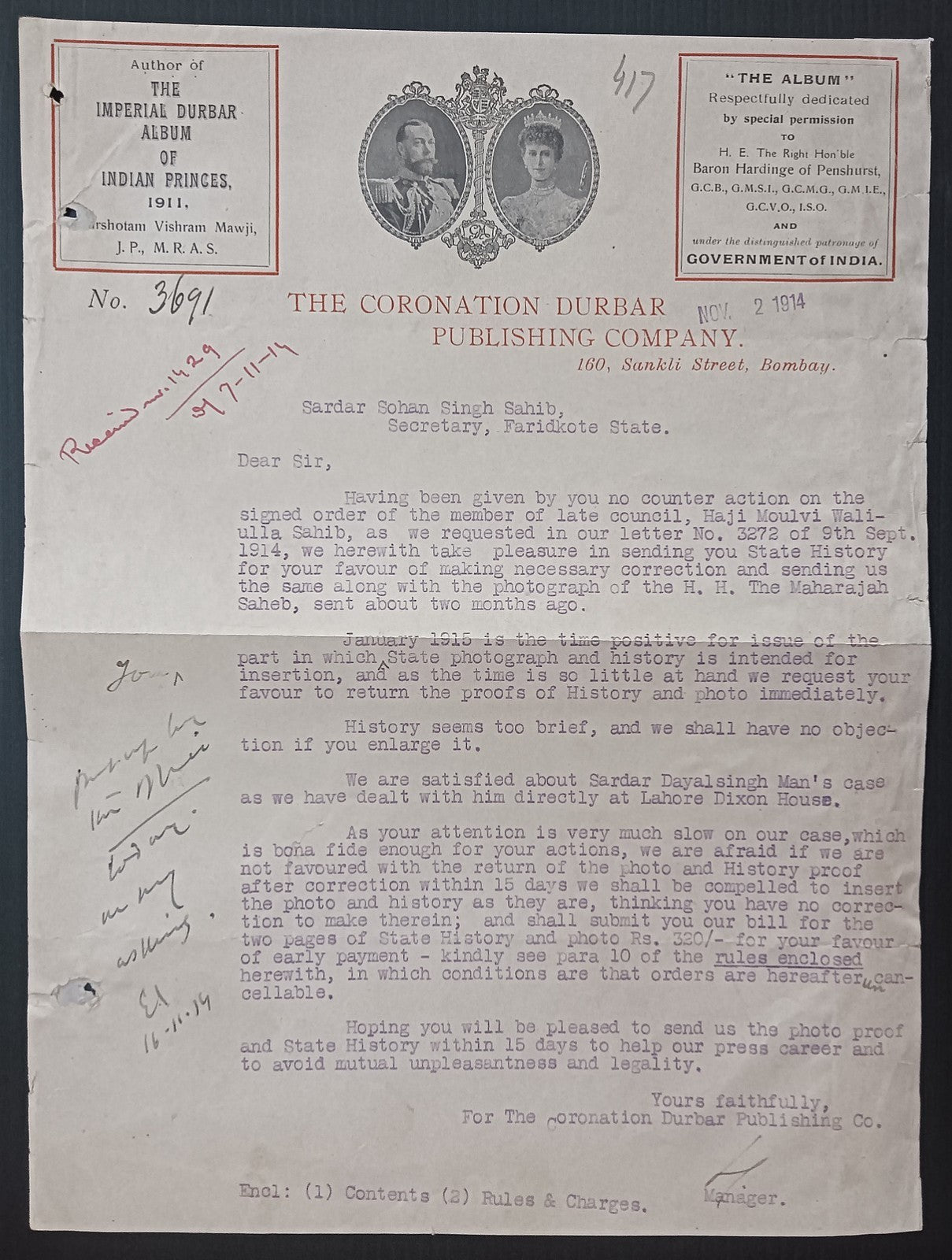 India 1914 THE CORONATION DURBAR PUBLISHING CO. illustrated letterhead