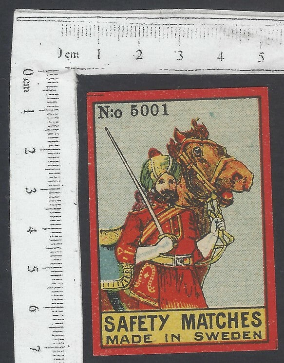 AOP India vintage matchbox label Sardar & Horse Made in Sweden