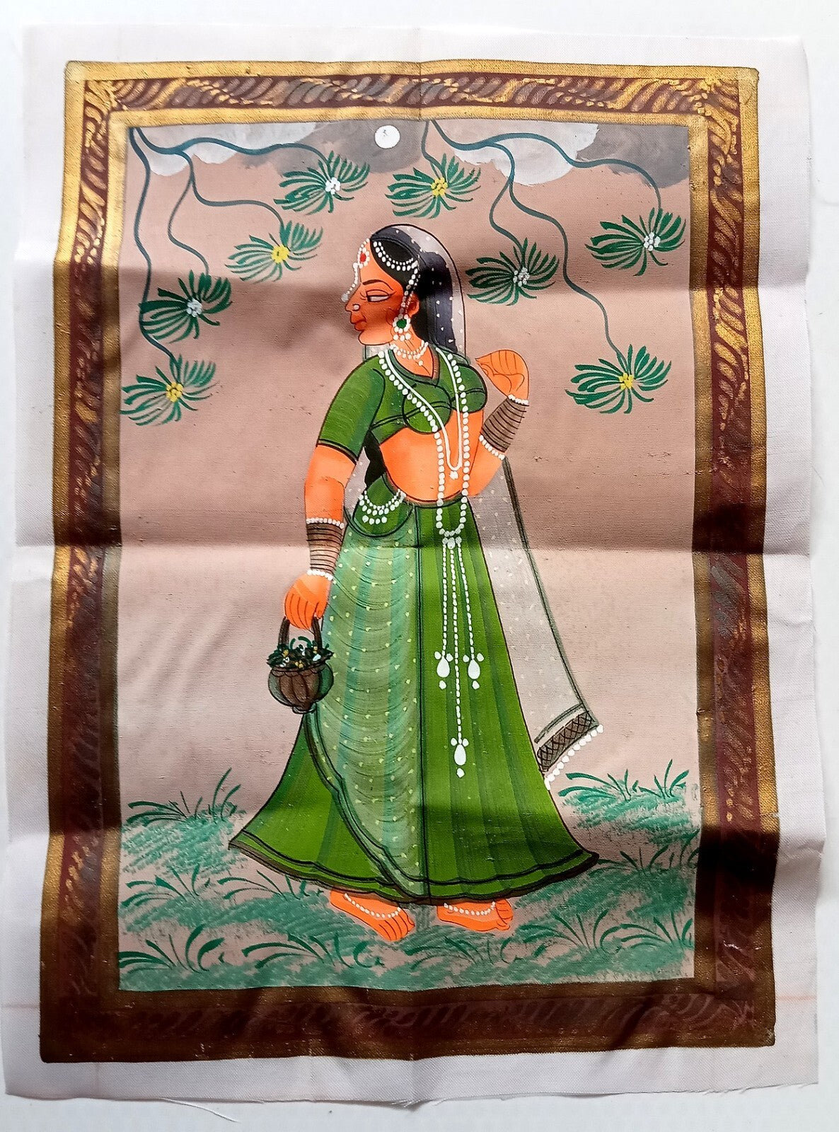 India vintage hand painting on cloth INDIAN GIRL 9 x 12 inches