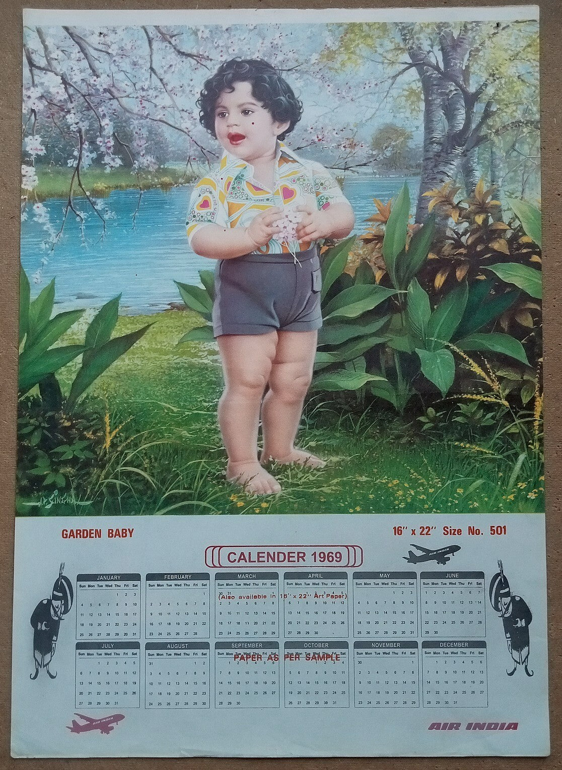 AIR INDIA 1969 poster calender 501 - GARDEN BABY - ARTIST : J. P. SINGHAL - R