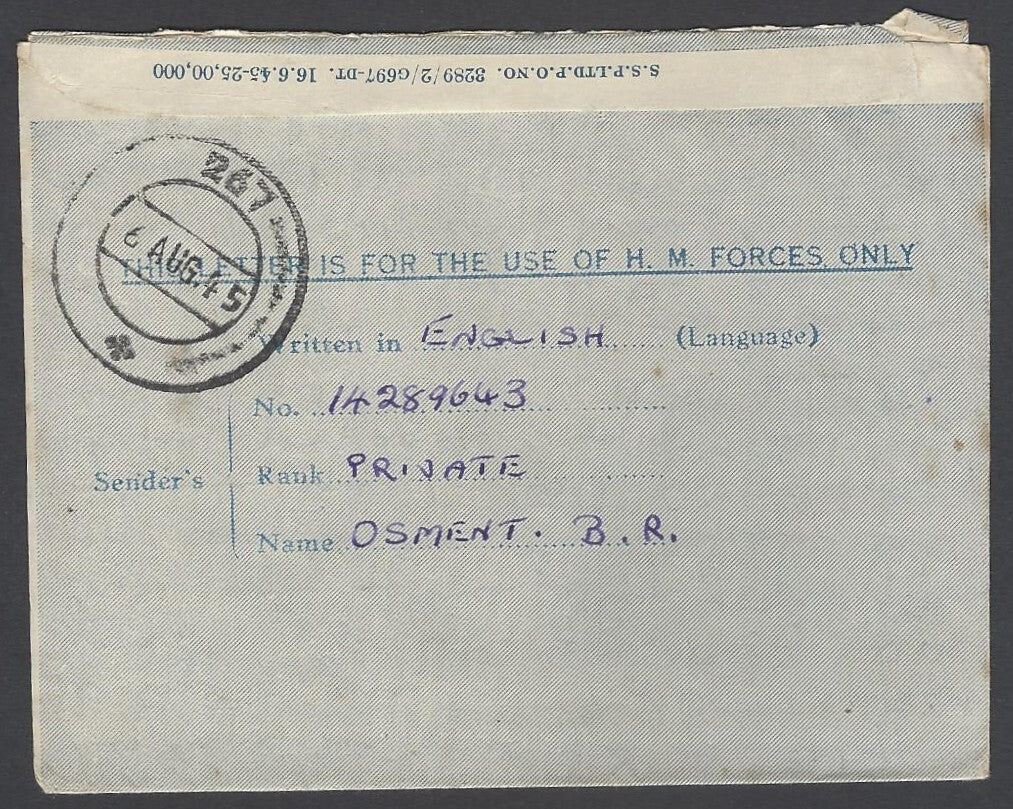 AOP India WW2 IAFF H.M. FORCES air letter with 2 censor to UK 1945