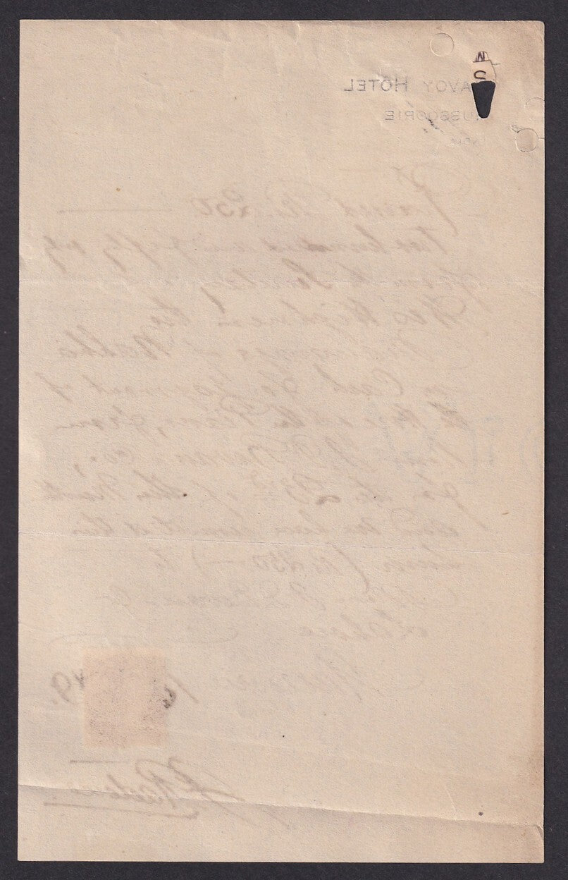 India 1919 Savoy Hotel, Mussorie receipt for 250R for rentin a piano to Maharaja