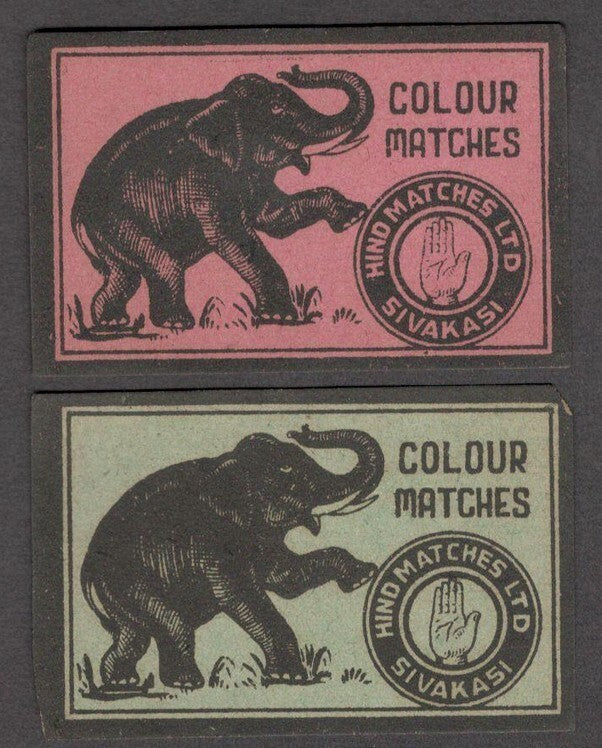 India vintage large matchbox labels ELEPHANT COLOUR MATCHES (2)