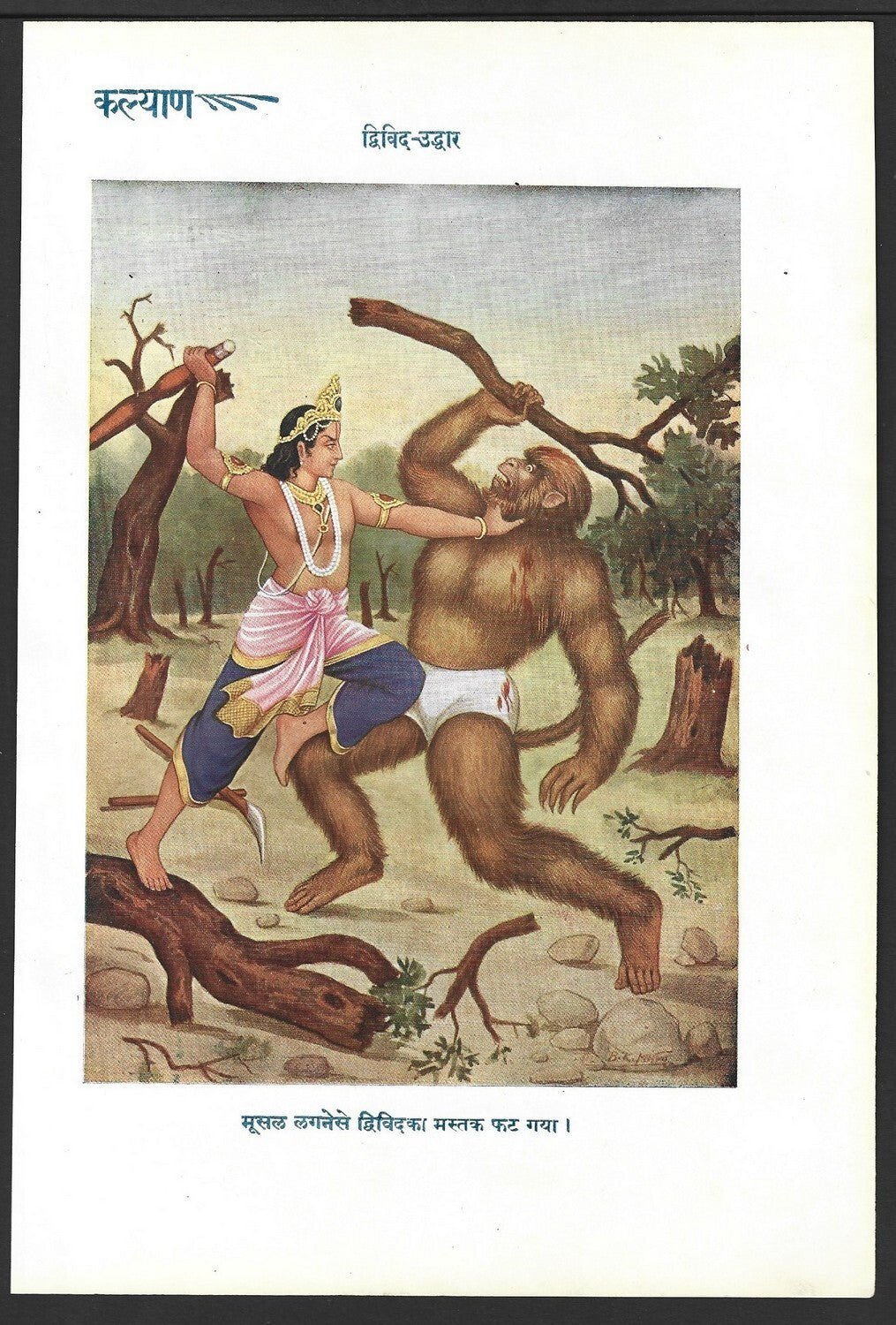 India 1941 Hindu God poster BALARAMA HITTING DWIVID 16x24cm