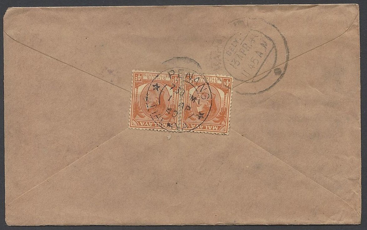 AOP Straits Settlements 1940 censored cover 1940 Penang to India