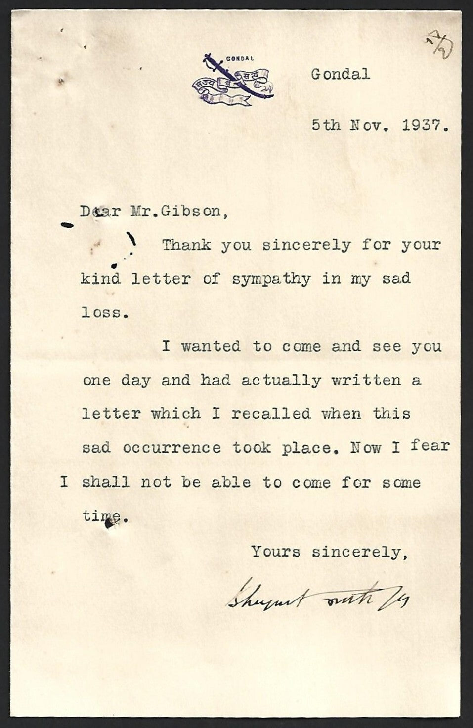 (AOP) India GONDAL STATE crested letter signed Maharaja Bhagwatsinhji