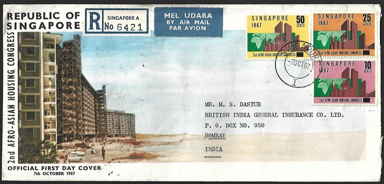 (AOP) Singapore 1967 Asian Housing Congress registered FDC to India