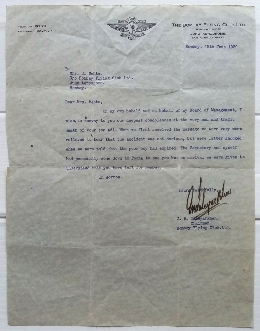 India 1939 Illustrated Bombay Flying Club Ltd signed letterhead
