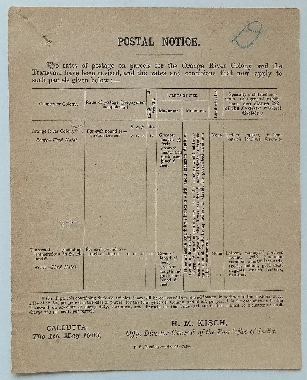 (AOP) India POSTAL NOTICE 1903 Postal Rates to Orange River Colony & Transvaal