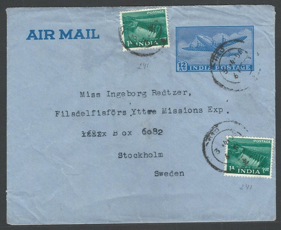 India 12a airmail envelope uprated 2a used 1956 to Sweden
