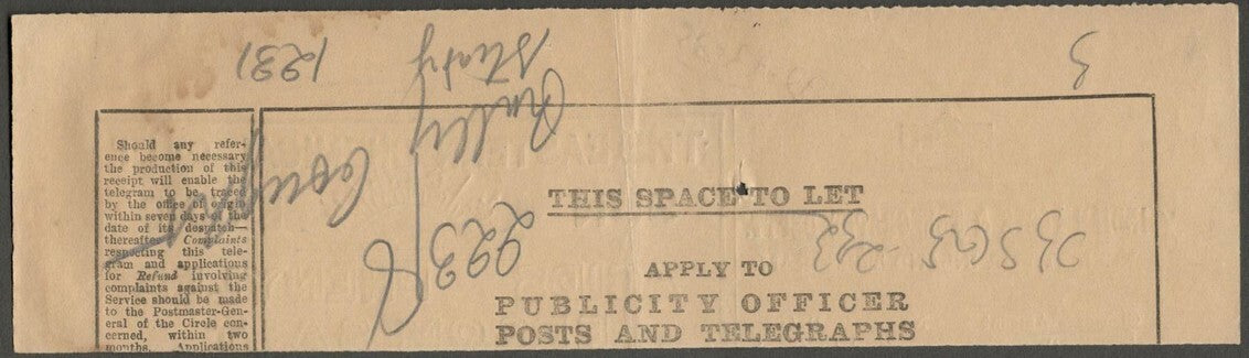 AOP India 1930s telegraph receipt with advertisement for COUREPORE Paint