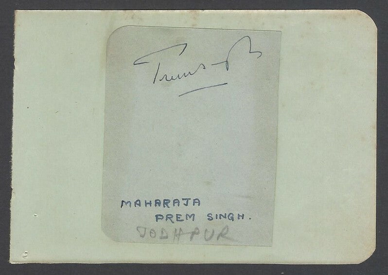 AOP India MAHARAJA PREM SINGH of Jodhpur signed piece on autograph book page