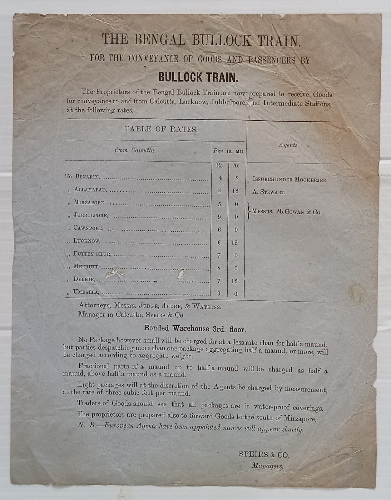 AOP India 1870s BULLOCK TRAIN Notice with Route & Rates Benares to Umballa