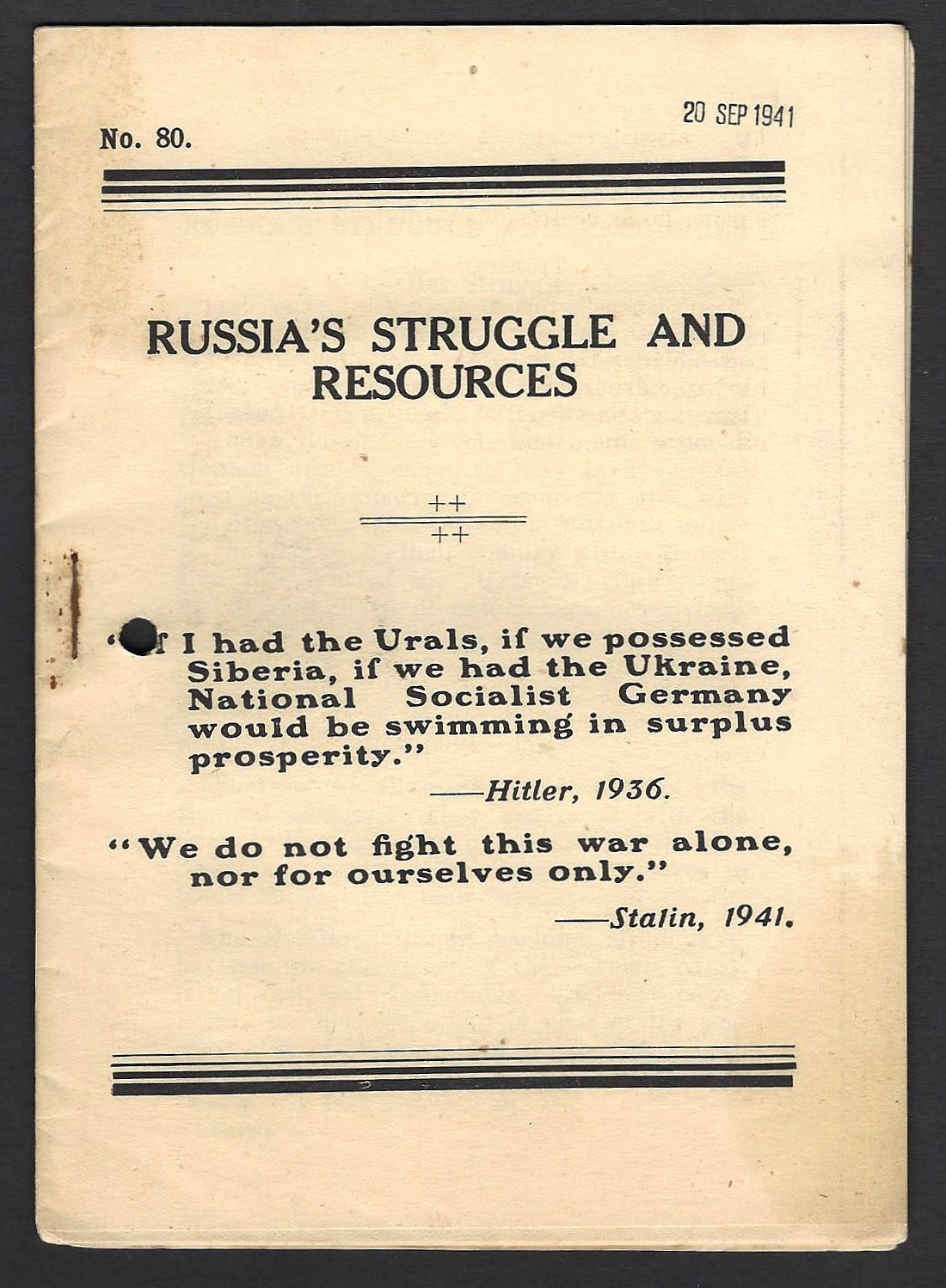 India WW2 1941 propaganda booklet RUSSIA’S STRUGGLE & RESOURCES 23pgs