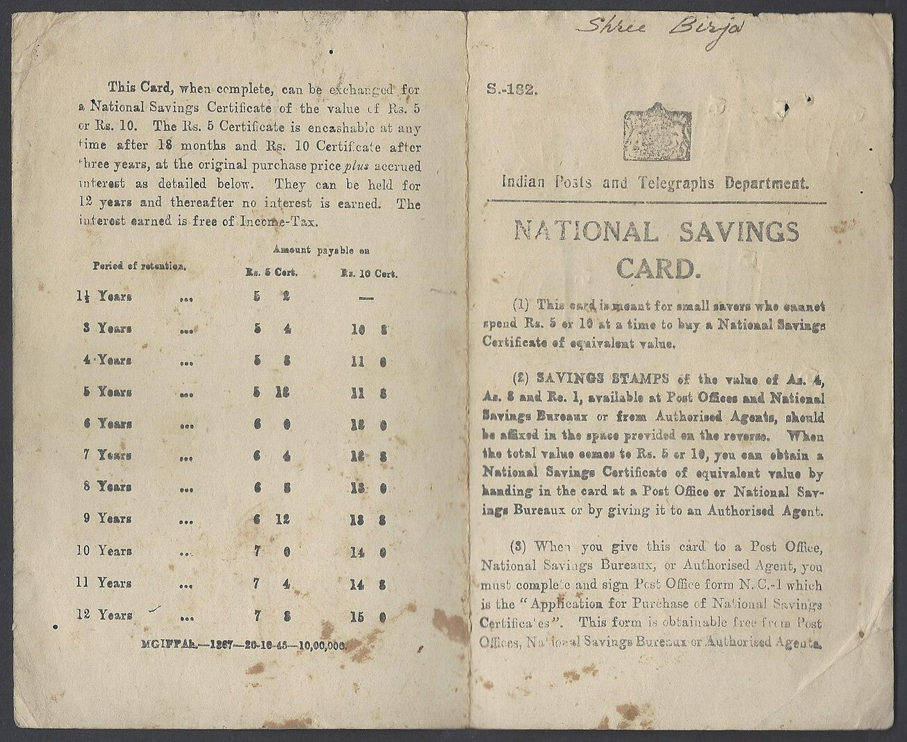 India National Savings card with 1947 NATIONAL SAVINGS INDIA stamps x 10