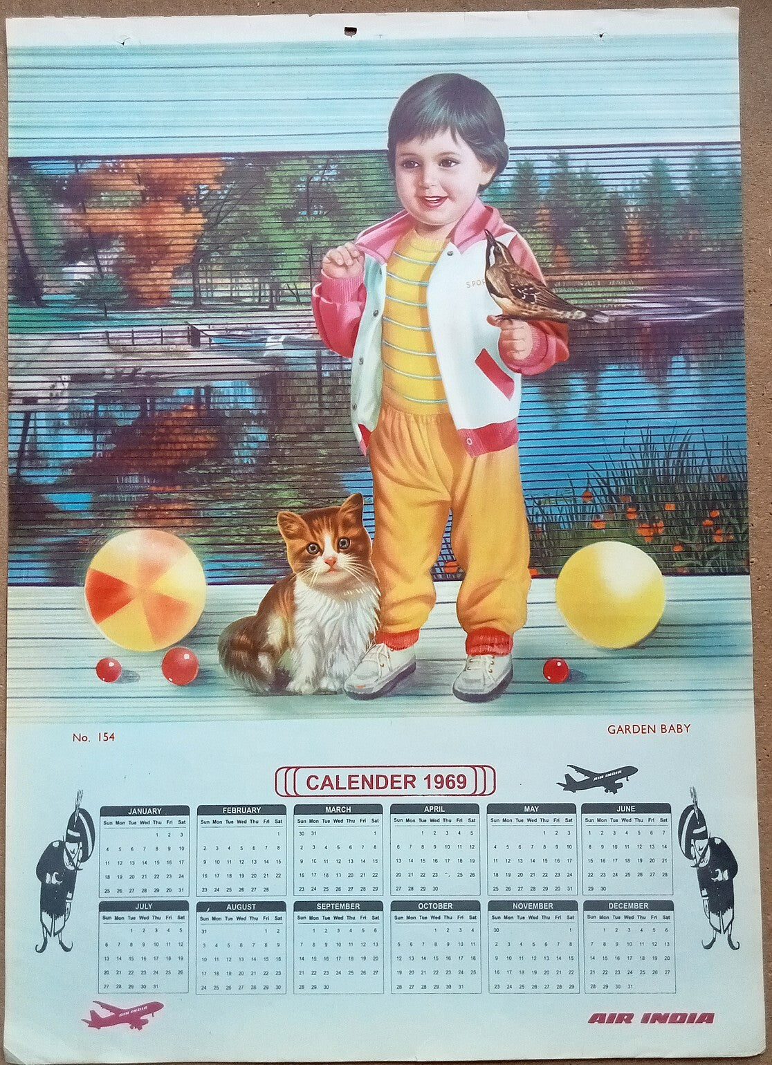 AIR INDIA 1969 poster calender 154 - GARDEN BABY - R