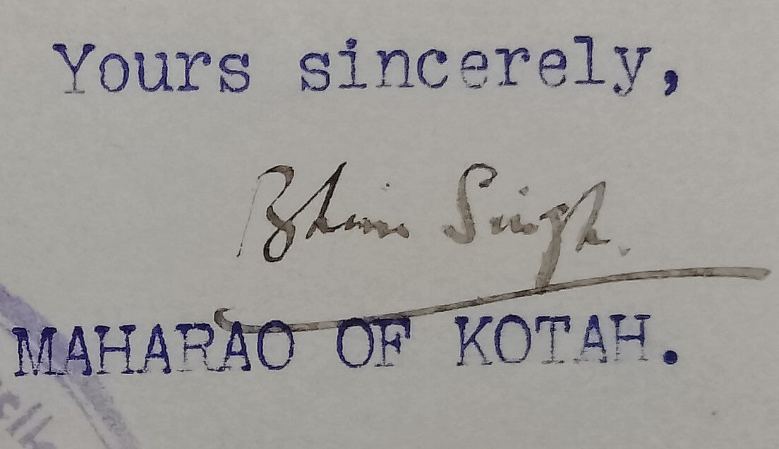 Kotah State India 1942 crested letter signed Maharaja Bhim Singh II