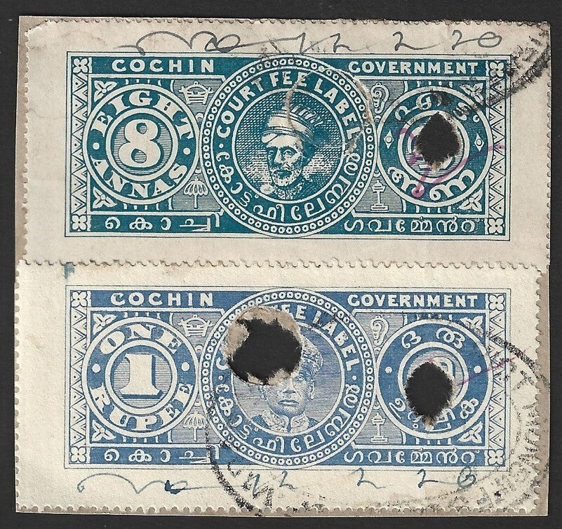 India Cochin State 8a & 1r green & blue Court Fee stamp