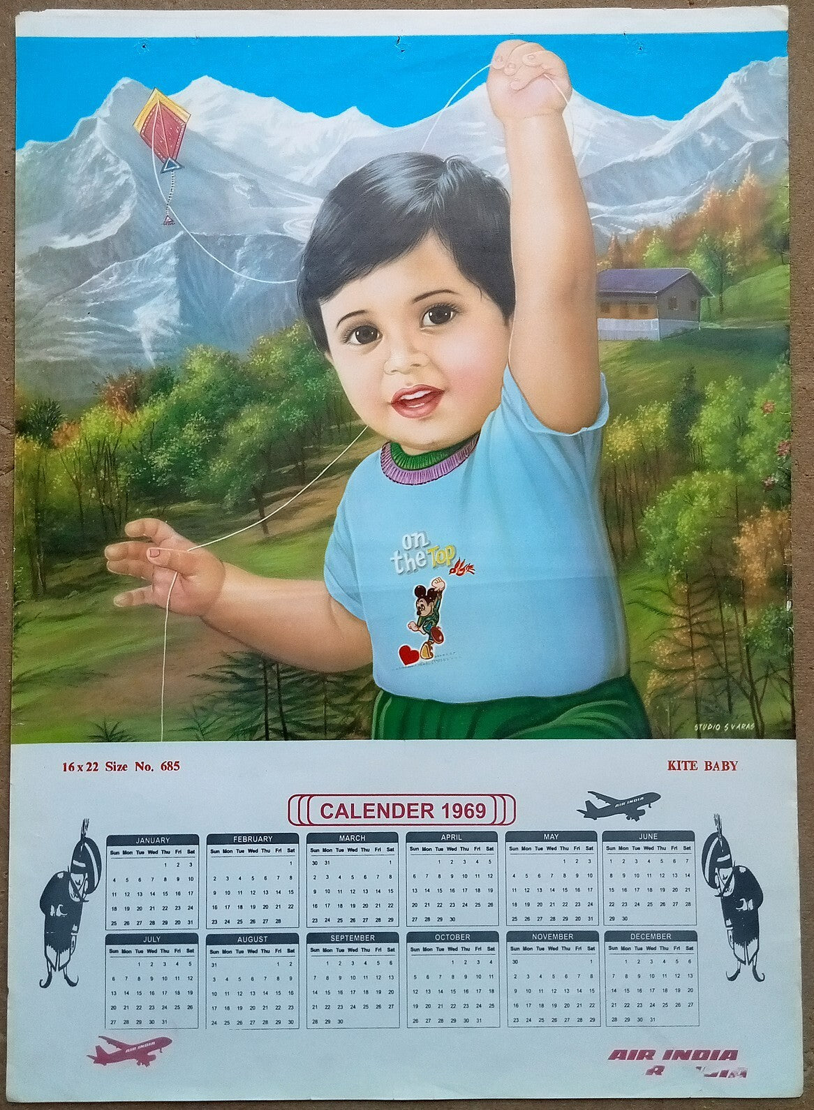 AIR INDIA 1969 poster calender 685 - KITE BABY - STUDIO : S. V. VARAS - R