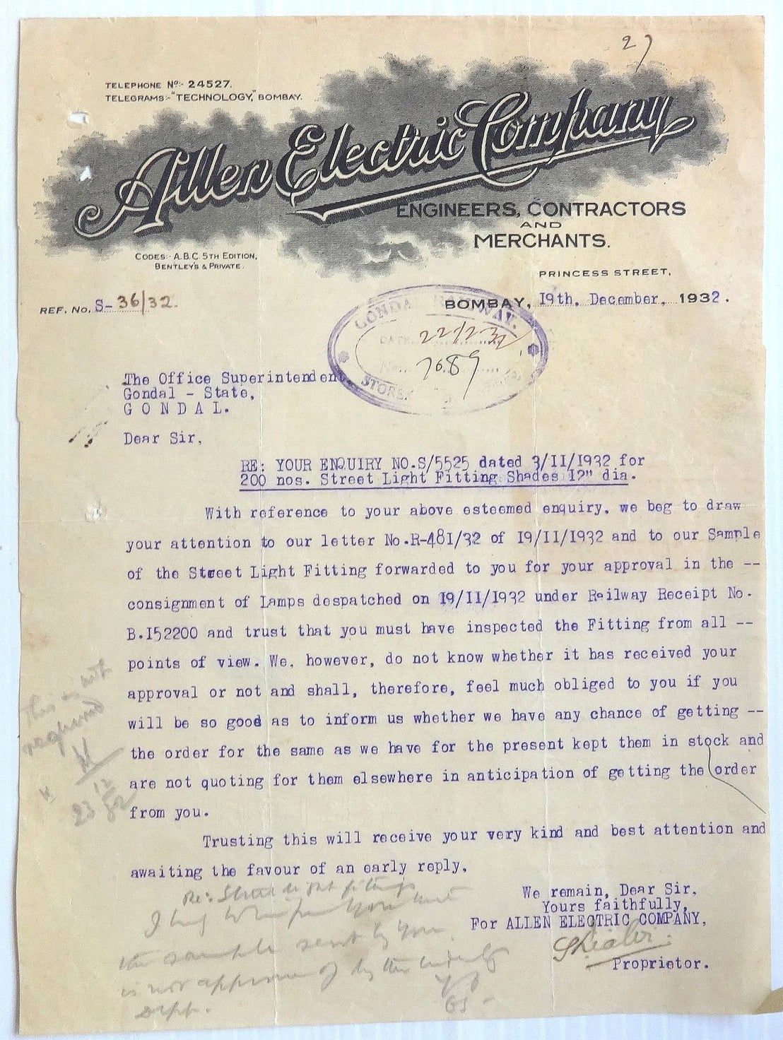 India Allen Electric Bombay 1932 letter re: Street Lights to Gondal letterhead