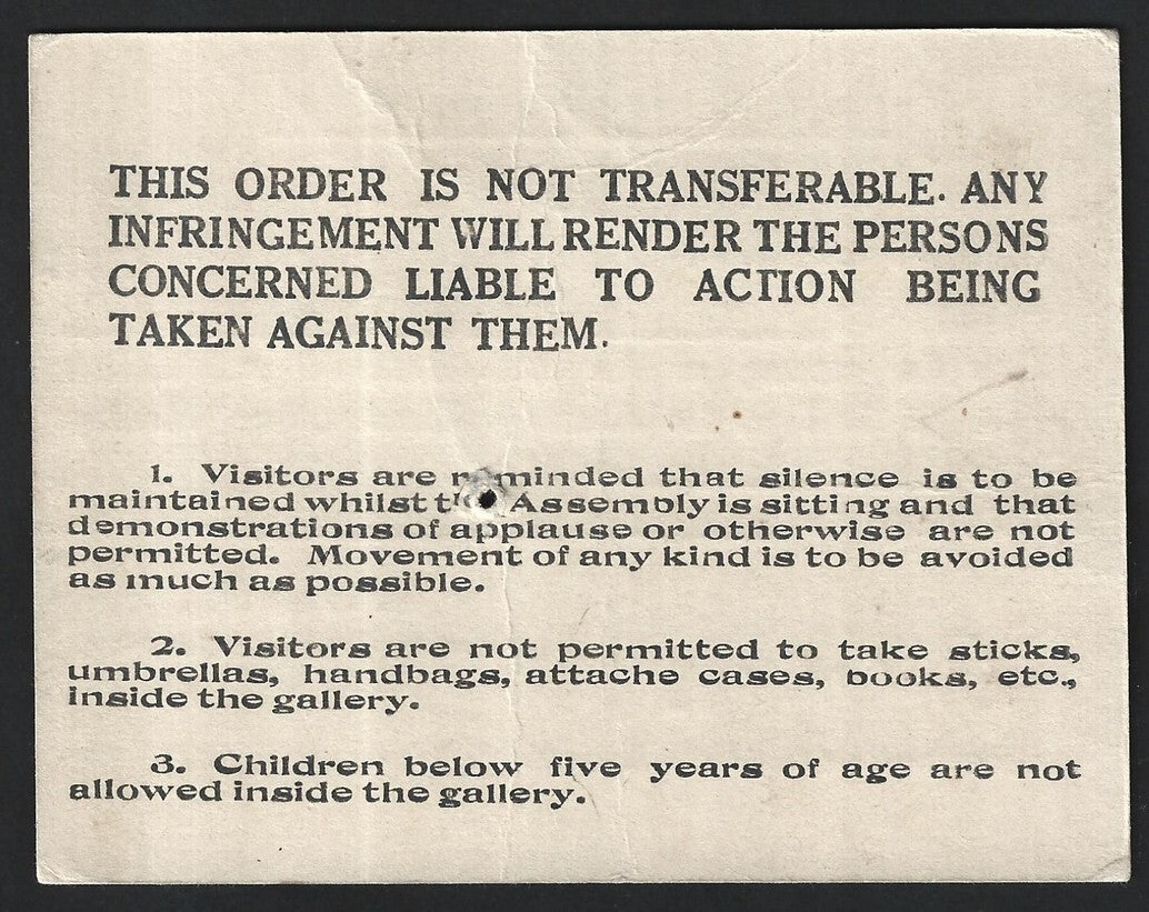 India 1947 LEGISLATIVE ASSEMBLY Visitor's Card