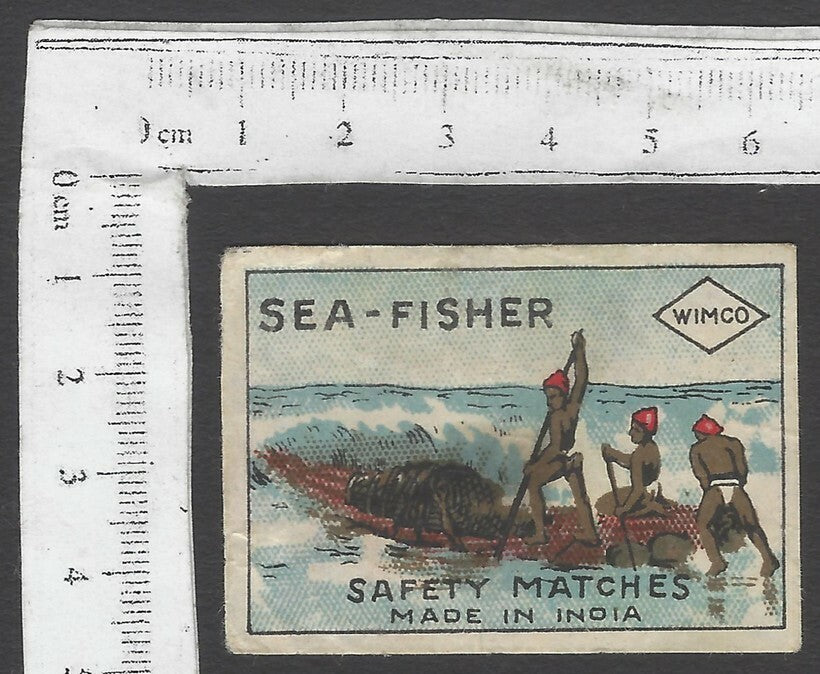 AOP India vintage matchbox label SEA-FISHER by WIMCO