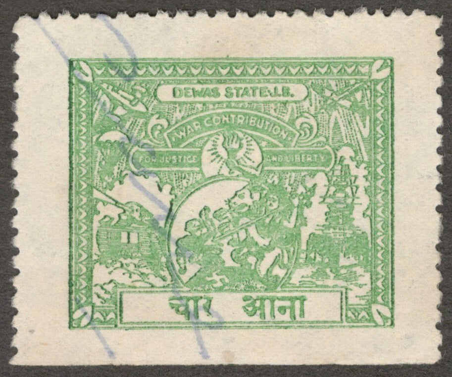 AOP India DEWAS JB State War Fund stamp - Durga killing German soldier 4a green
