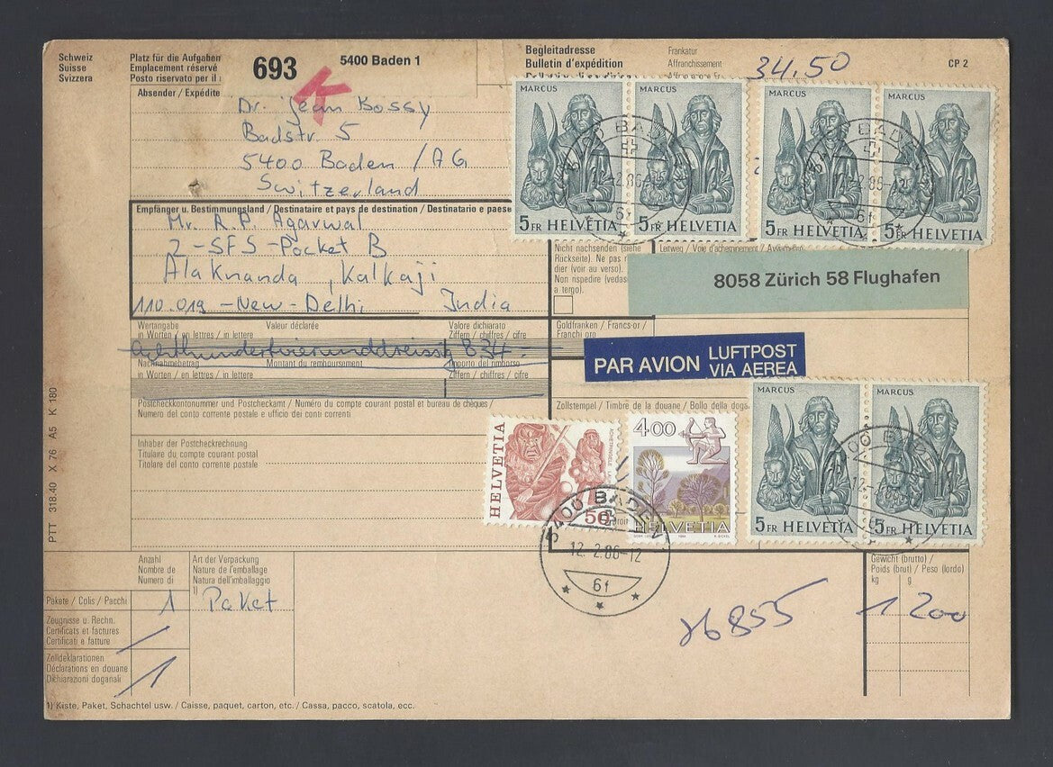 AOP Switzerland 1981 Evangeliste (6) on parcel card to India